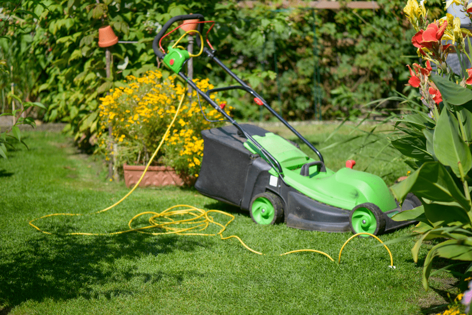 tondeuse electrique verte dans un jardin